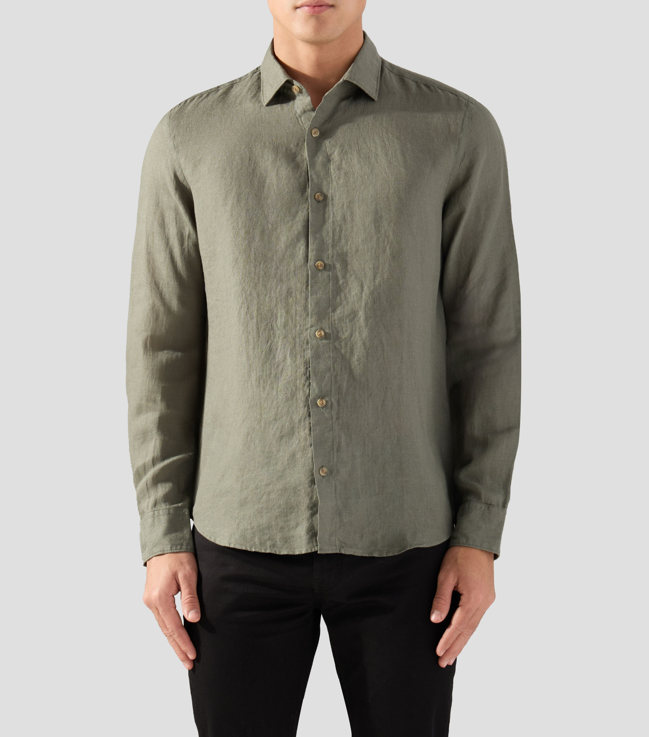 Camisa lisa en lino con manga larga Hombre